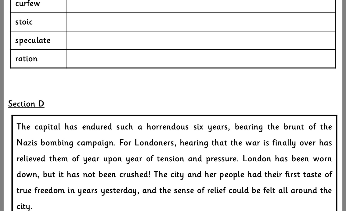 Image of Final VE Day comprehension challenge