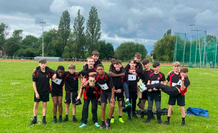 EMS, Junior Boys' team, showing teamwork at the English Schools Athletics B Final in Middlesbrough