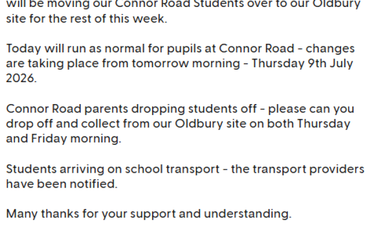 Connor Road & Oldbury Site Arrangements for Thursday 9th & Friday 10th July 2026
