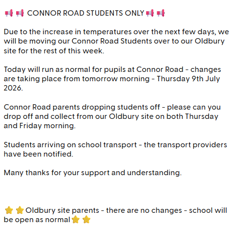 Connor Road & Oldbury Site Arrangements for Thursday 9th & Friday 10th July 2026