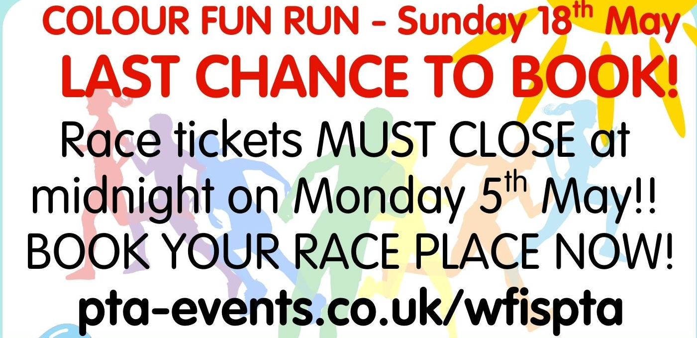 Image of Deadline to sign up for tickets for the PTA Colour Run Event