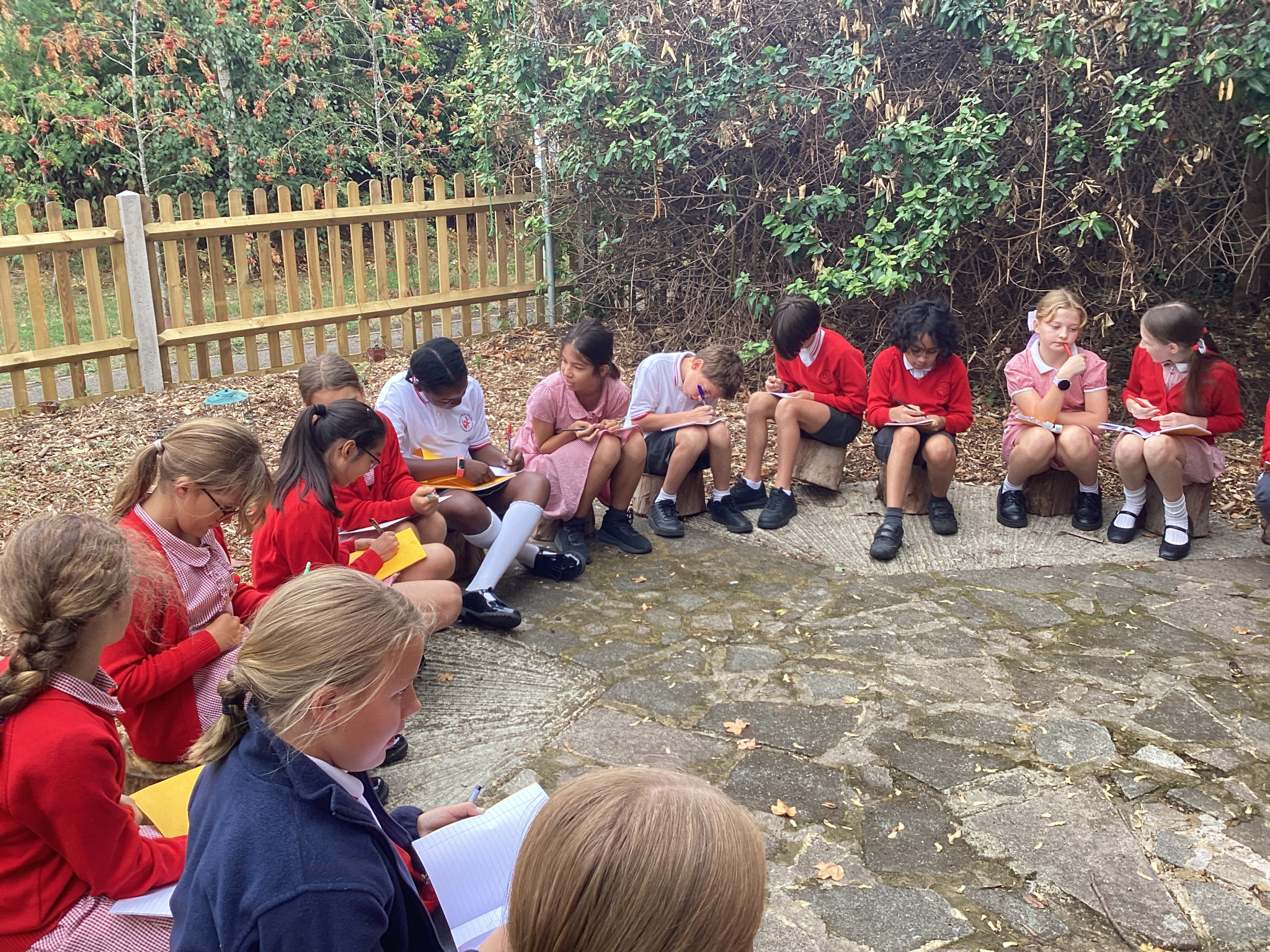 Image of Year 6 Enjoying the New Outdoor Learning Woodland Area!